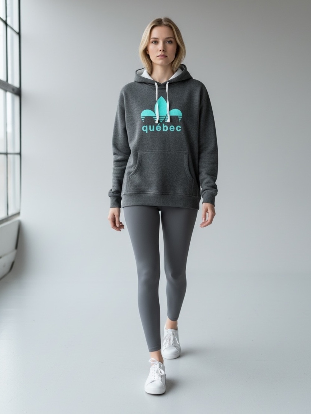 IDEAL Quebec Hoodie Sweatshirt Pullover  Charcoal Grey Teal Green Size Large